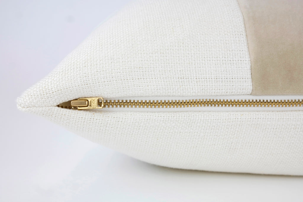 Lindsay Lumbar in Mushroom Cordoba Velvet | Shown in Solid Linen Reverse with Brass Zipper Closure